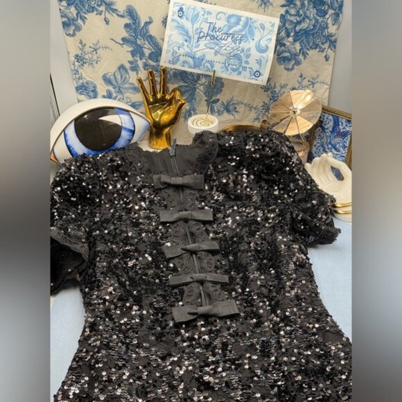 🆕 REBECCA VALLANCE 🧿 NWOT x Nicky Hilton Diana Black Bow Sequin Mini, Sz US 6 - Picture 12 of 16